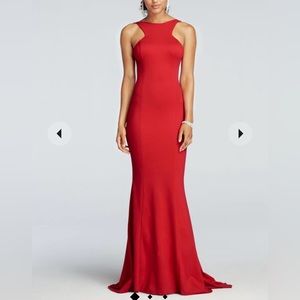 Red High Neck Open Back Ruffle Gown with Mermaid  Skirt